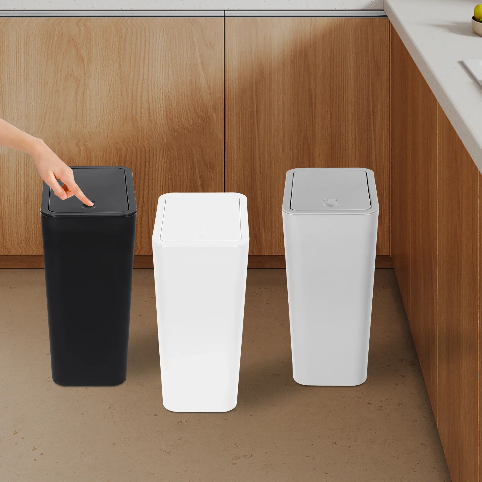 Juego de 3 Cubos de Basura de 9 Litros para Cocina, Diseño de Tapa de Presión y Apertura Rápida, Tapa Extraíble, para Cocina, Baño, Oficina, NUEVO