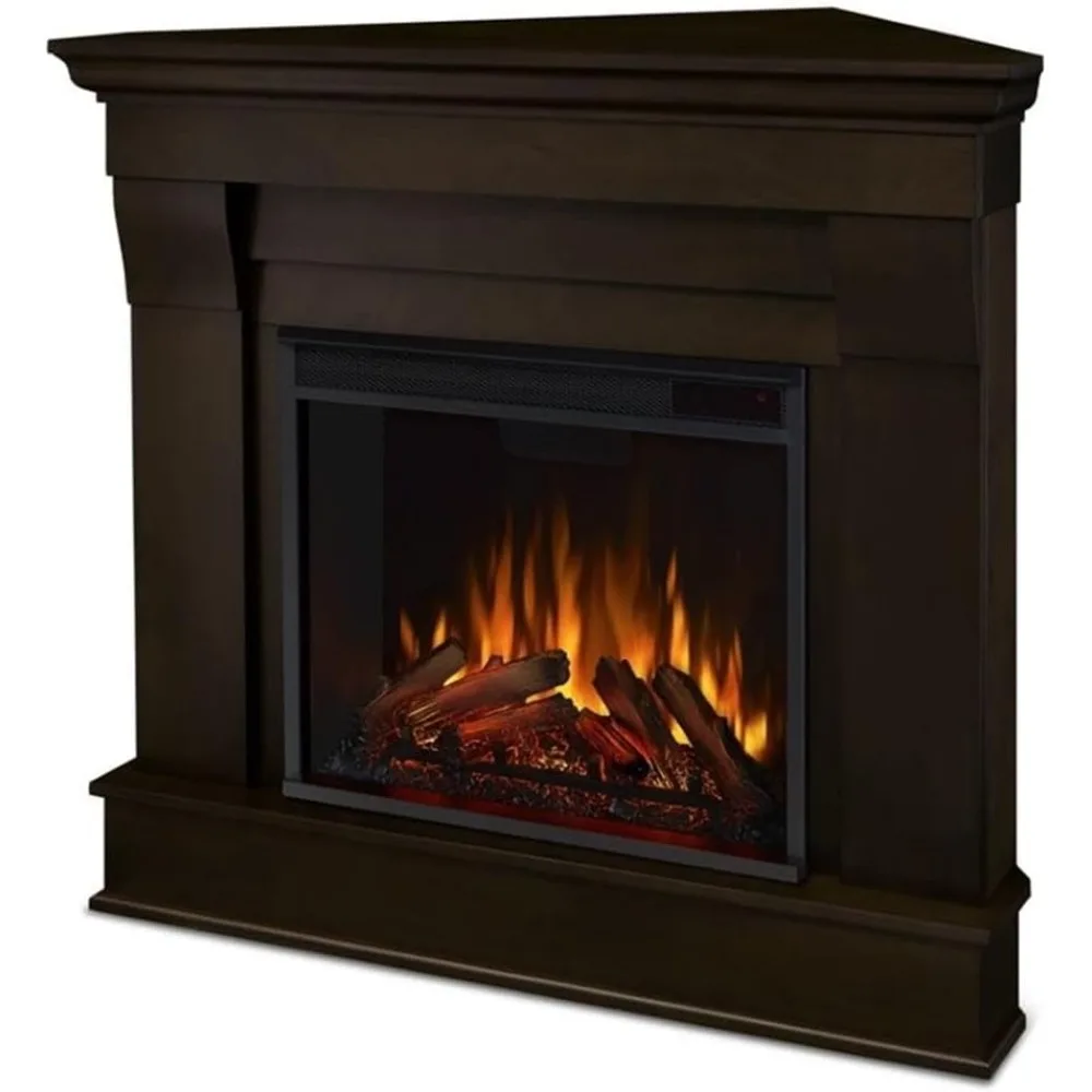 BOWERY HILL Contemporary Corner Electric Fireplace Mantel Heater with Remote Control, Adjustable Led Flame 1500W in Dark Walnut