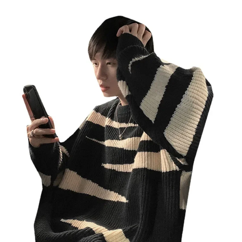 Knitted Loose Fit Male Jumpers O Neck Long Sleeve Striped Sweaters Pullovers Winter 2025 High Street Slight Strech Basics