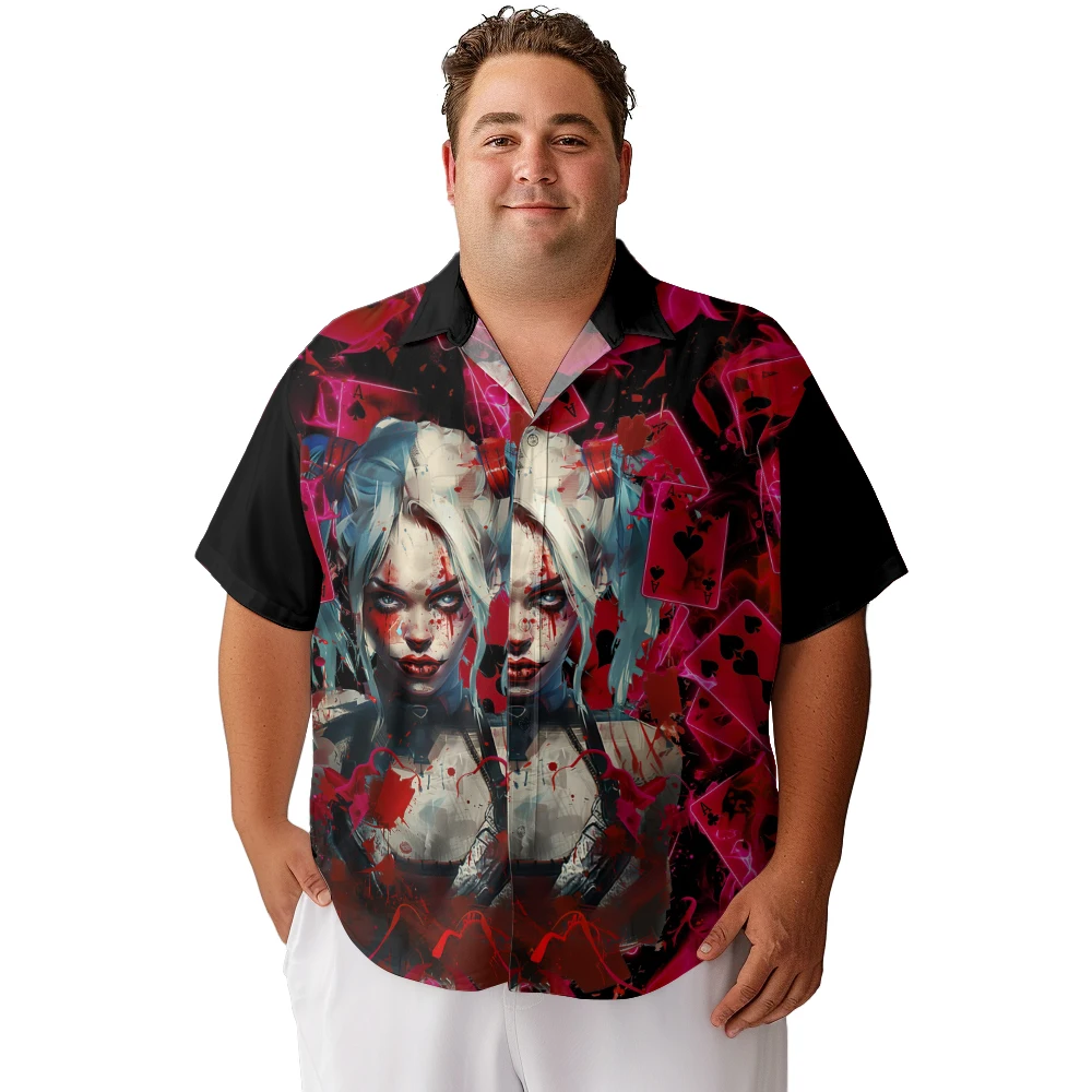 2024 new  Men's shirts plus size Anime bloody clown girl printed clothing casual short-sleeved