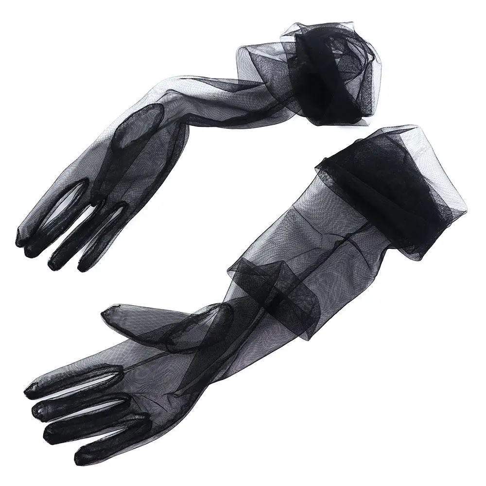Guantes de tul transparente con cinco dedos para mujer, manoplas finas de encaje, a la moda