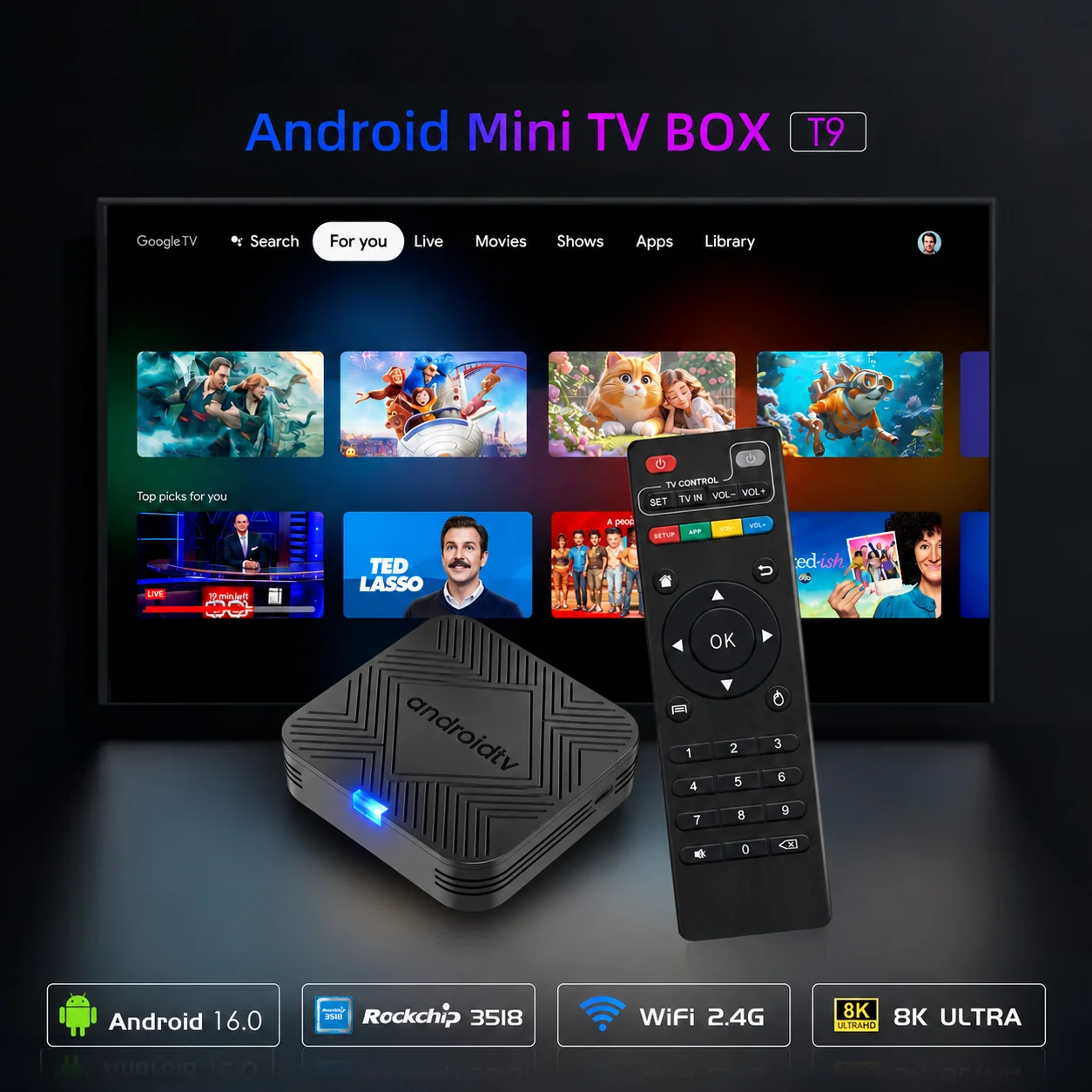 Android Smart TV Box New Mini T9 8K 8GB 256GB RK3518 Android 16 Google YouTube Assistant Voice Remote WiFi2.4G Set Top Box 2026