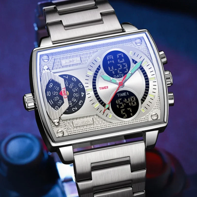 SANDA 6032 Quartz Watch Creative Dual Display Multi-functional Luminous Waterproof Cool Digital Watches for Men Men's Electronic