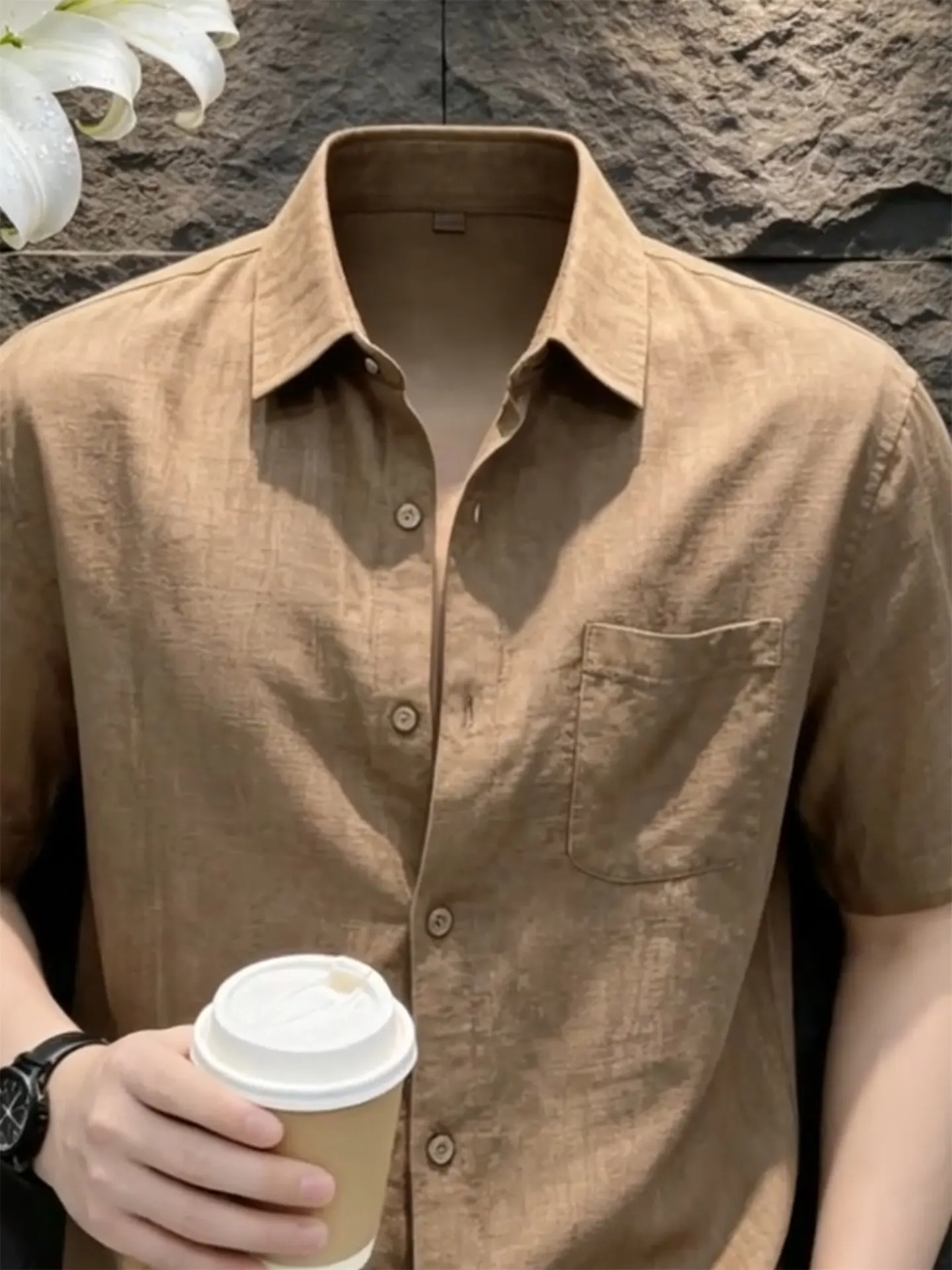 Lightly Matured Men's Short Sleeve Shirt in Coffee Color Loose Fit Casual Style Simulated Linen Material Breathable And Comfo...