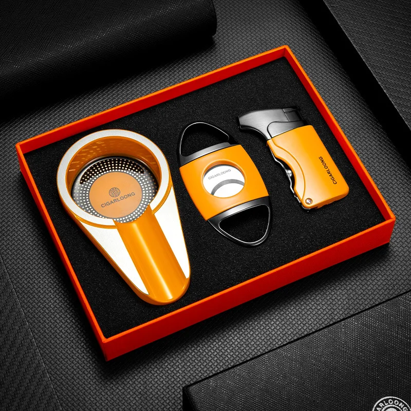 

Travel Cigar Accessory Kit, Straight Torch Lighter & Stainless Steel Scissors Cutter&Portable Ashtray, Gift Box for Smoking Men