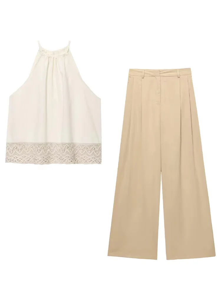 

HH Women Flax Blending Solid Pants Suit O-Neck Sleeveless Hem Vacation Style Short Top+Loose Zipper Pleated Wide-leg Pants