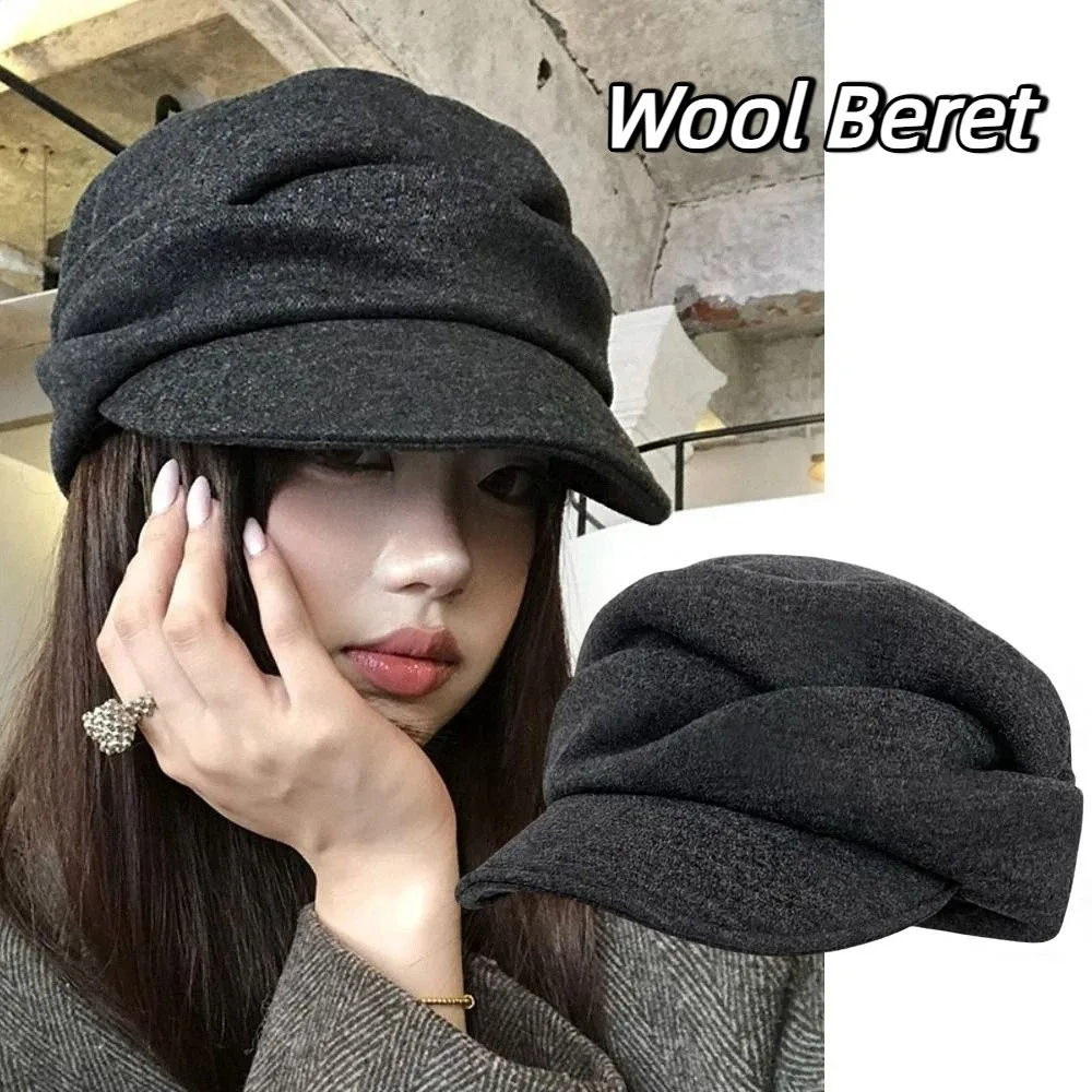 

Casual British Style Wool Beret Black Retro Pleated Octagonal Hat Artist Hat Brown Painter Hat Streetwear