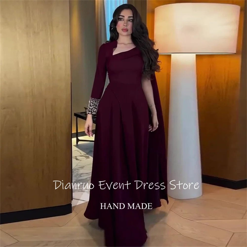 Dianruo mangas assimétricas borgonha vestidos de noite embelezados punhos vestido de baile uma linha vestido de seda de cetim árabe saudita personalizado