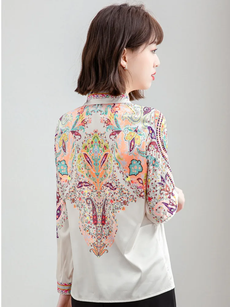 #3179 Satin Shirt Women Regular Fit Vintage Floral Printed Long Sleeve Shirts Female Korean Fashion Spring Womens Shirts Elegant