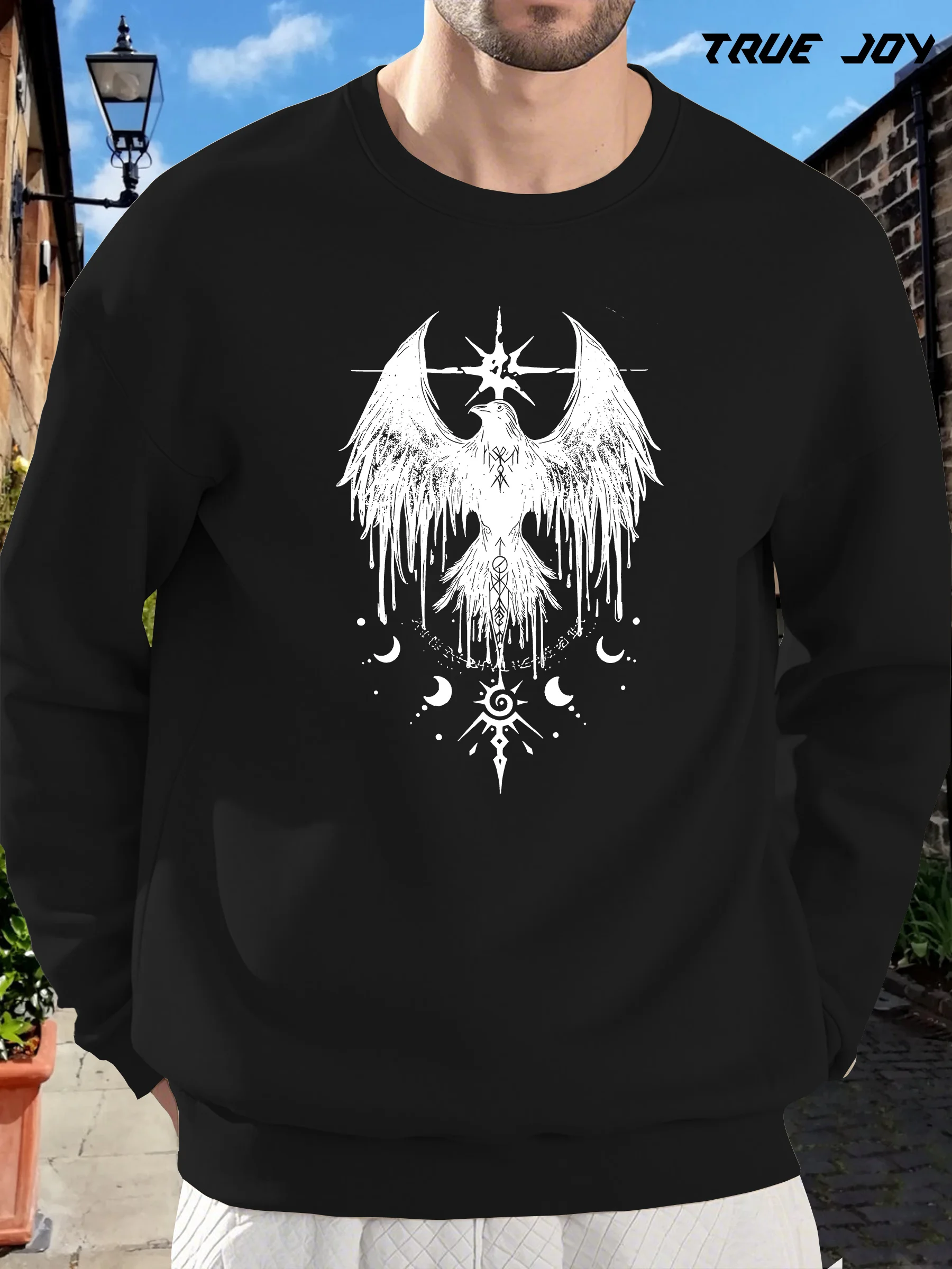 

Men'S Mystical Eagle Graphic Sweatshirt - Gray Long Sleeve Crewneck with Celestial Design, Loose Fit for Casual Wear