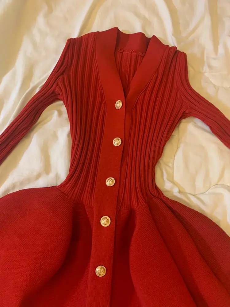 

Spring Autumn New Long Sleeve Vestidos De Mujer Elegant Vintage V-neck Red Dresses Y2k Slim Fit Knitted Dress for Women