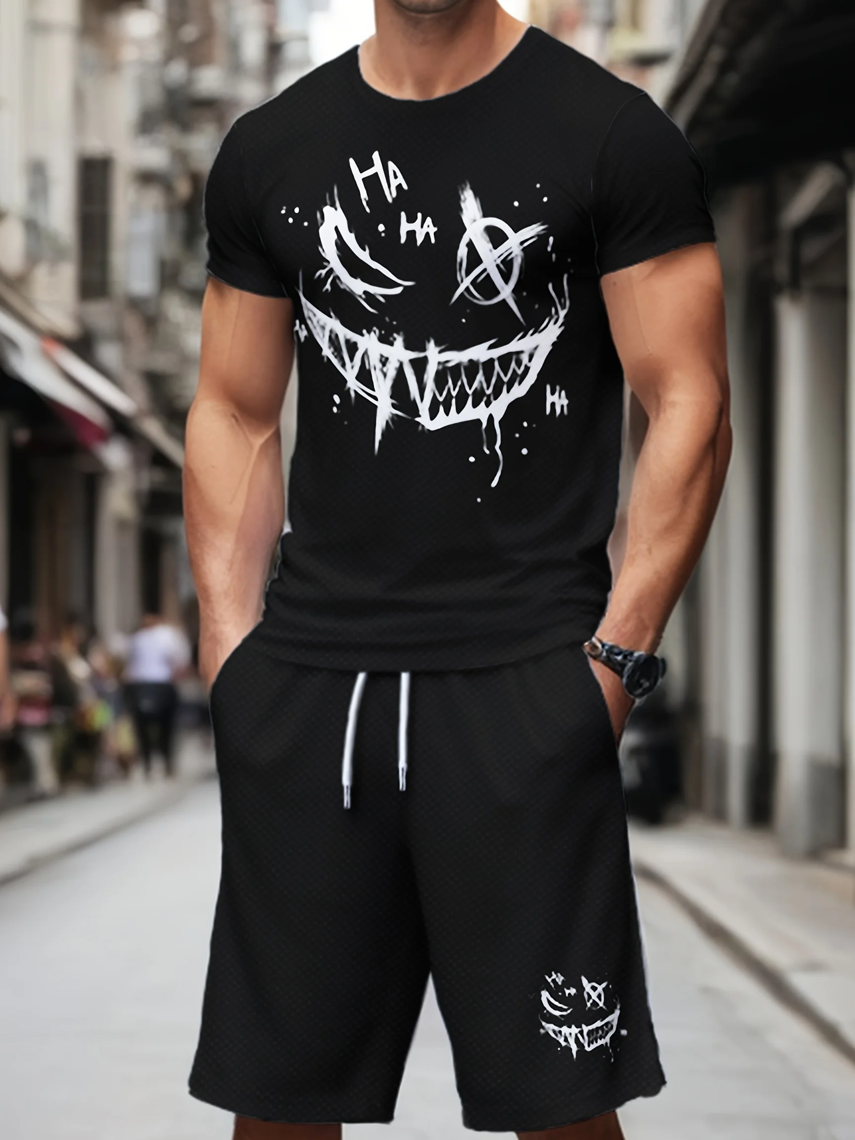 

Men's Casual Sports Suit - Breathable 3D Printed T-Shirt and Shorts Combination, Stretch Polyester Blend, Machine Washable