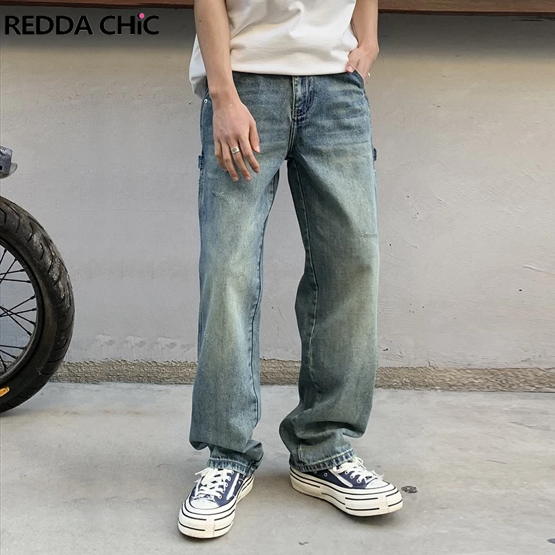 

REDDACHIC Patchwork Vintage Men's Straight Jeans Solid Casual Relaxed Whiskers Denim Pants Hiphop Trousers Korean Y2k Streetwear