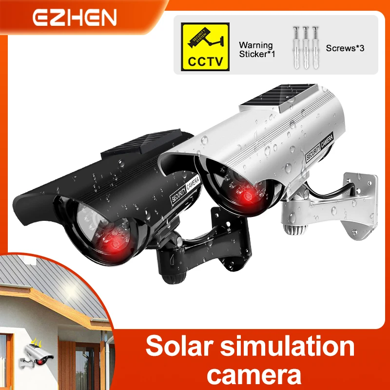 Solar Power Dummy Fake Security Camera, Anti-Theft Surveillance Camera with Flashing LED Light Outdoor Waterproof Bullet Shape