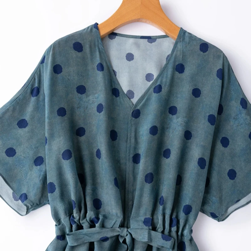 BirdTree, 100% Silk Dot Print Dress, Short Sleeve V-neck, Women Double Crepe Drawstring Loose Dresses, 2026 Summer New D65715JF