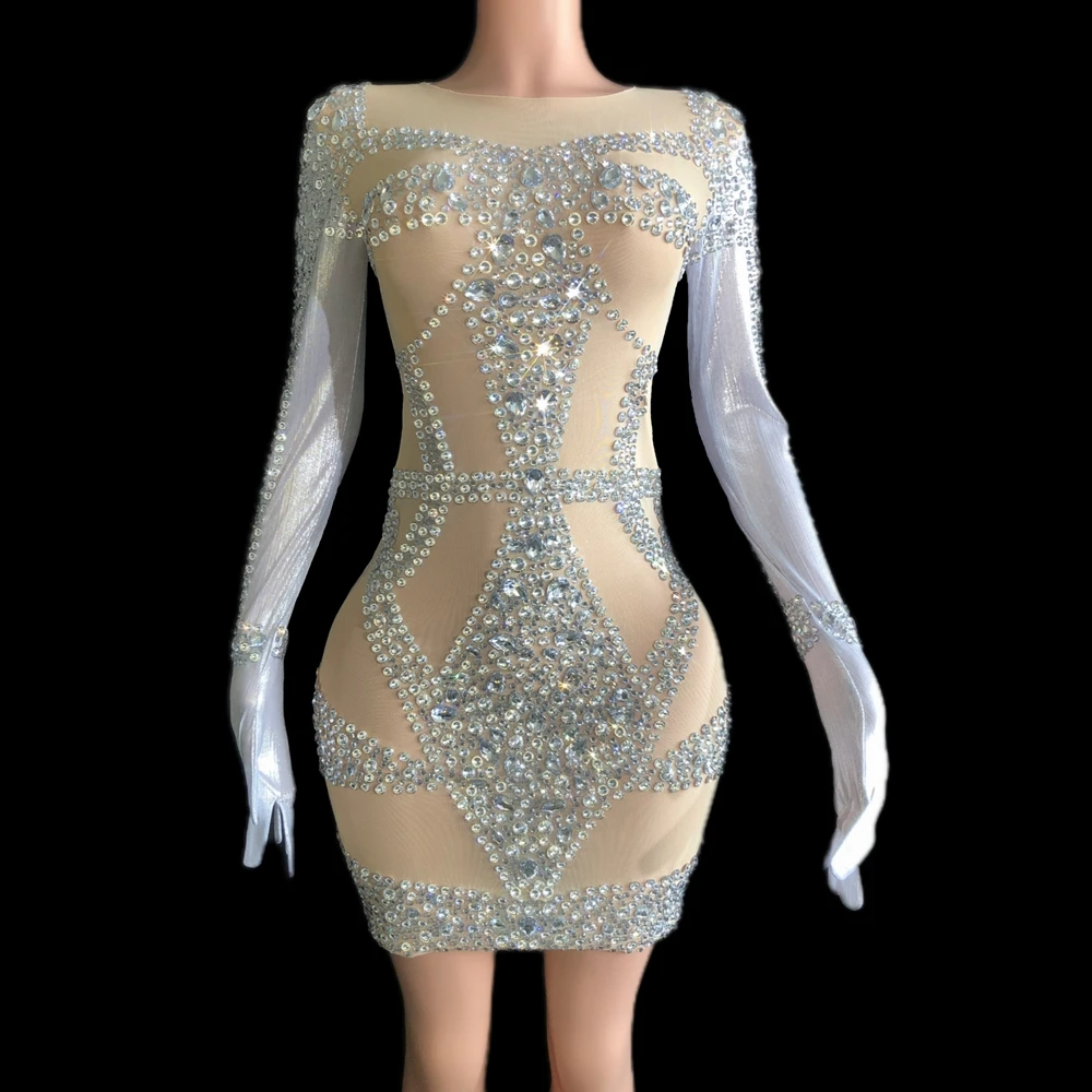 

Sparkly Rhinestones Short Bodycon Dress Gloves Sexy Mesh Transparent Evening Prom Celebriate Birthday Dress Women Show Wear