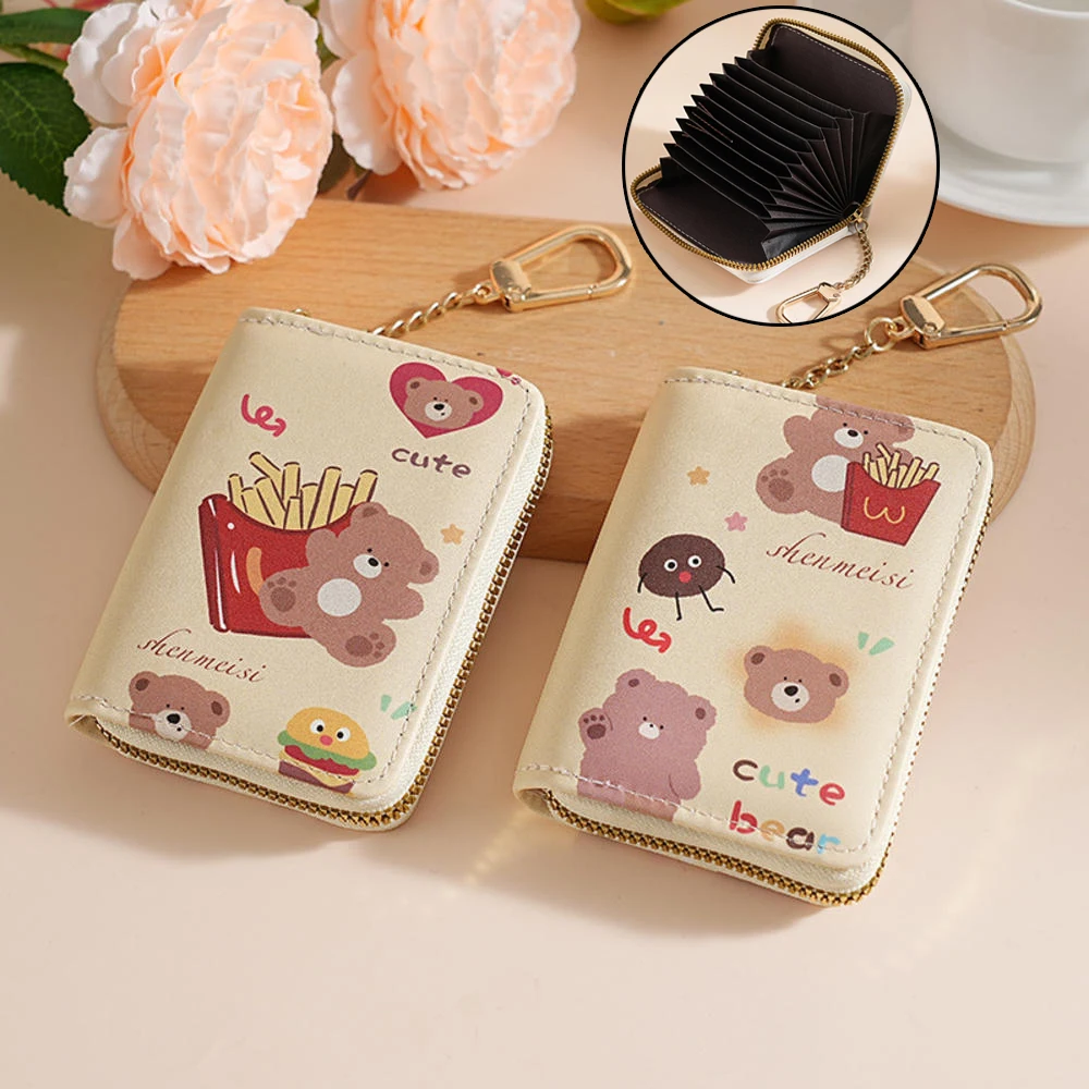 Cute Bear PU Leather Card Holder Women Short Wallet Zipper Card Case with Keychain Multi-Card Credit Card ID Organizer for Girls