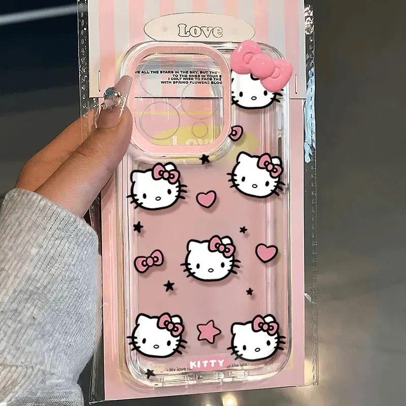 Sanrio Hello Kitty Love Face Pink Bow Phone Case For IPhone 16 15 14 12 13 11 Pro Max XR XS MAX 7 8 PLUS Y2K Girl Kawaii Cover