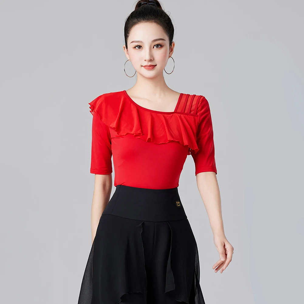 新しいラテンレッド女性のトップブラックサンバ半袖蓮の葉襟シャツ新しいパフォーマンス練習服