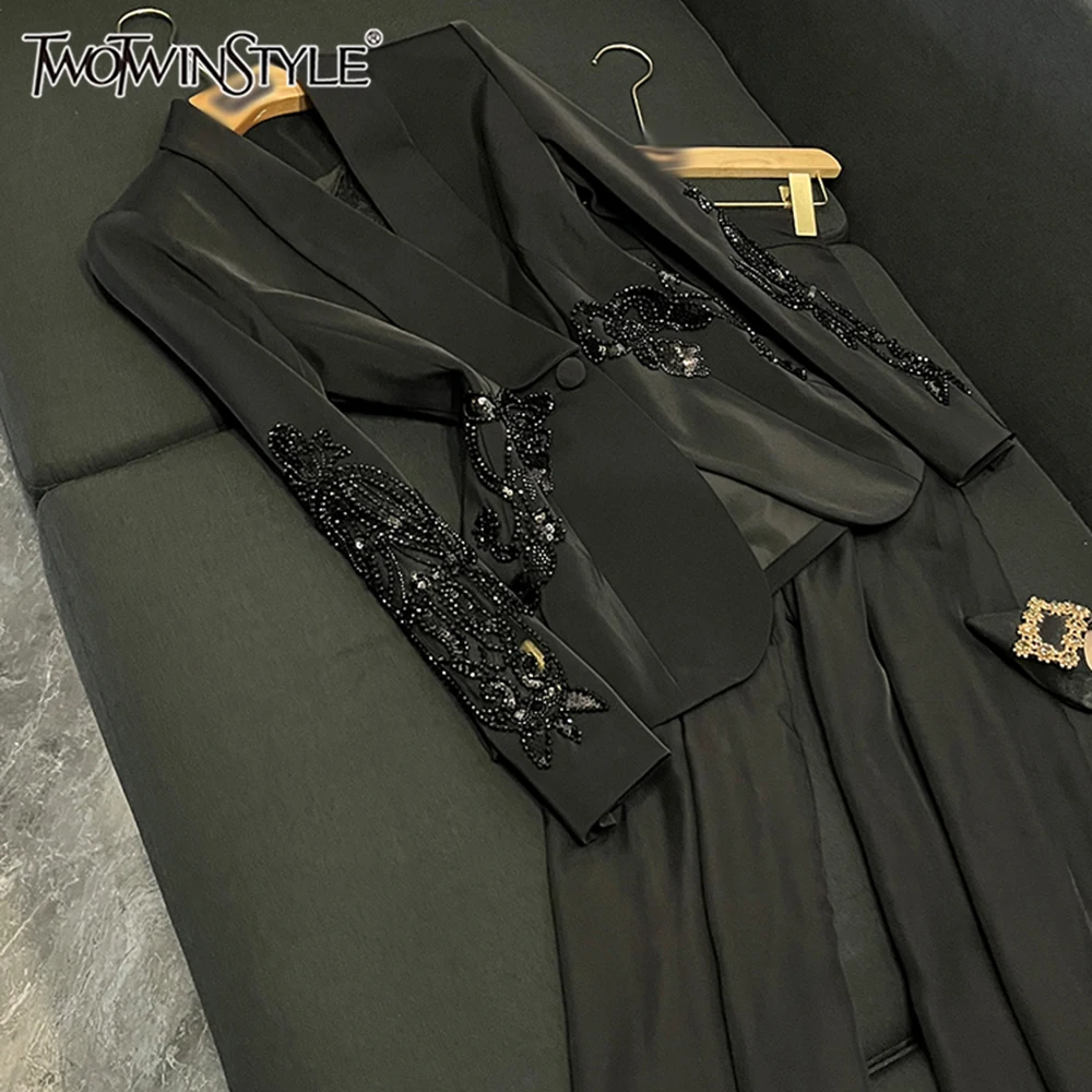 

TWOTWINSTYLE Легкие роскошные однотонные комплекты из двух предметов для женщин, топ с длинными рукавами и лацканами, брюки с высокой талией, сексуальный комплект, женский стиль KJA520822