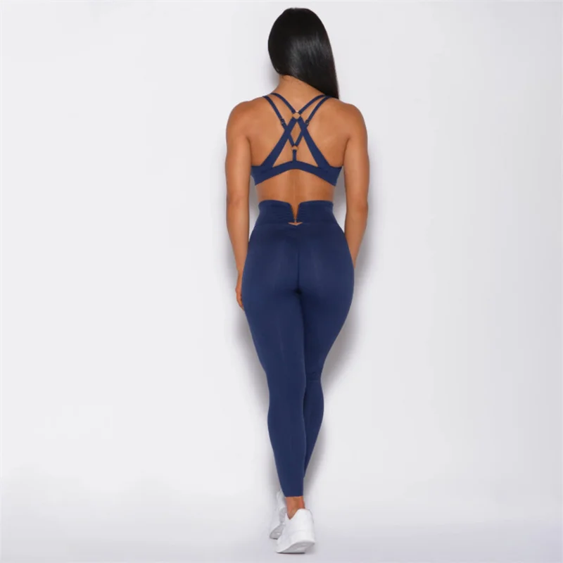 SVEIC Yoga Set Two piece Hollow Sports Bra Cross Back High Waist Leggings Fitness Workout Women\'s Tracksuit Gym Outfits Clothing