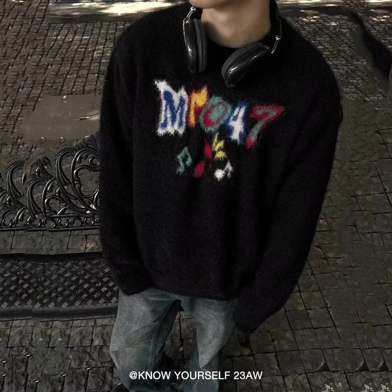 

Men's Knitted Sweater Retro Letter Embroidery round Ne Big Size 300 Pou American Sle Autumn Winter Faion Top