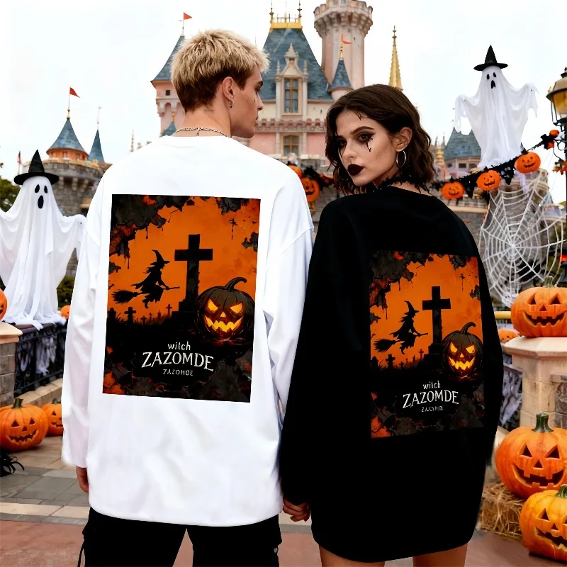 

New Halloween Elements 3D Printed Long Sleeved Autumn Versatile Breathable Quick Drying Top Trendy Couple Style