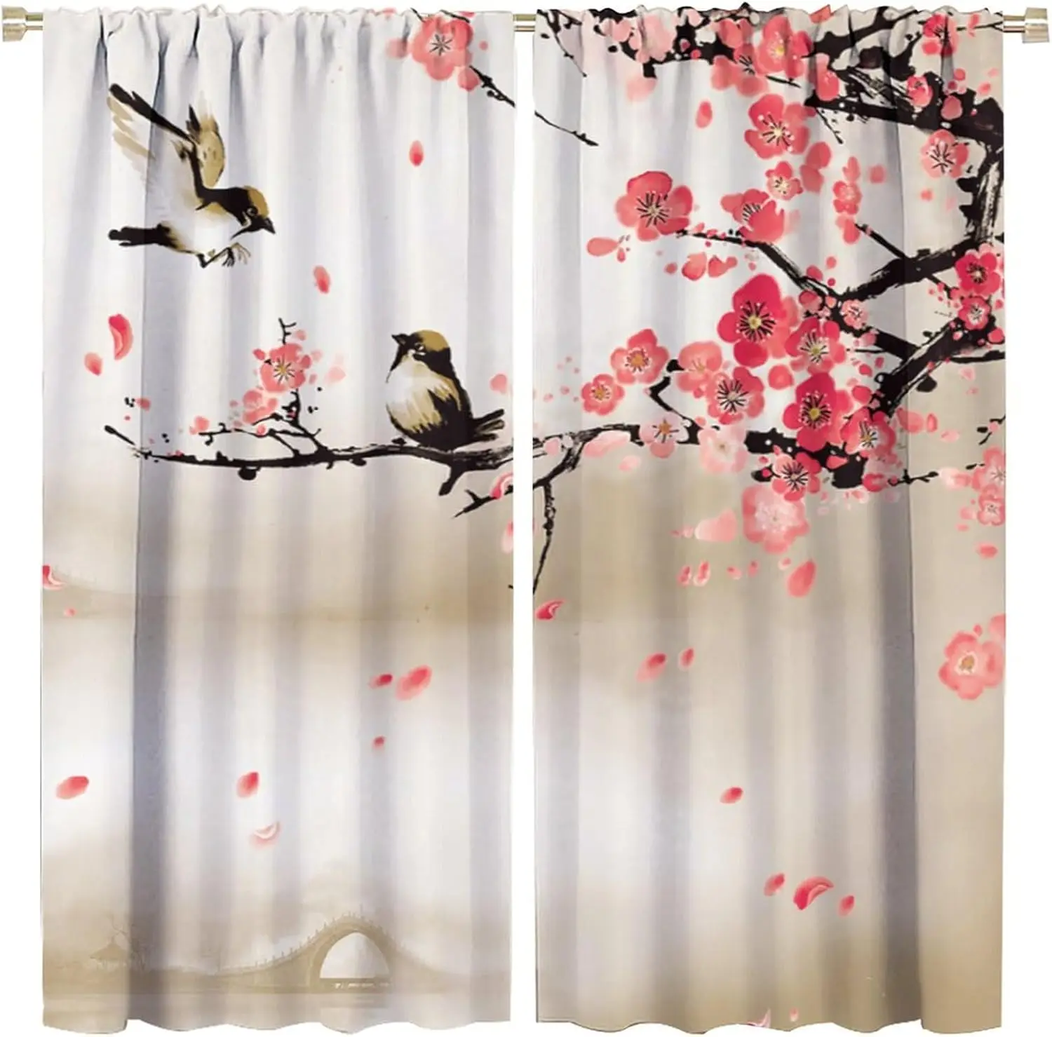 Oriental Bird Flower Branch Print Curtains Traditional Asian Style Blossom Design for Living Room Bedroom