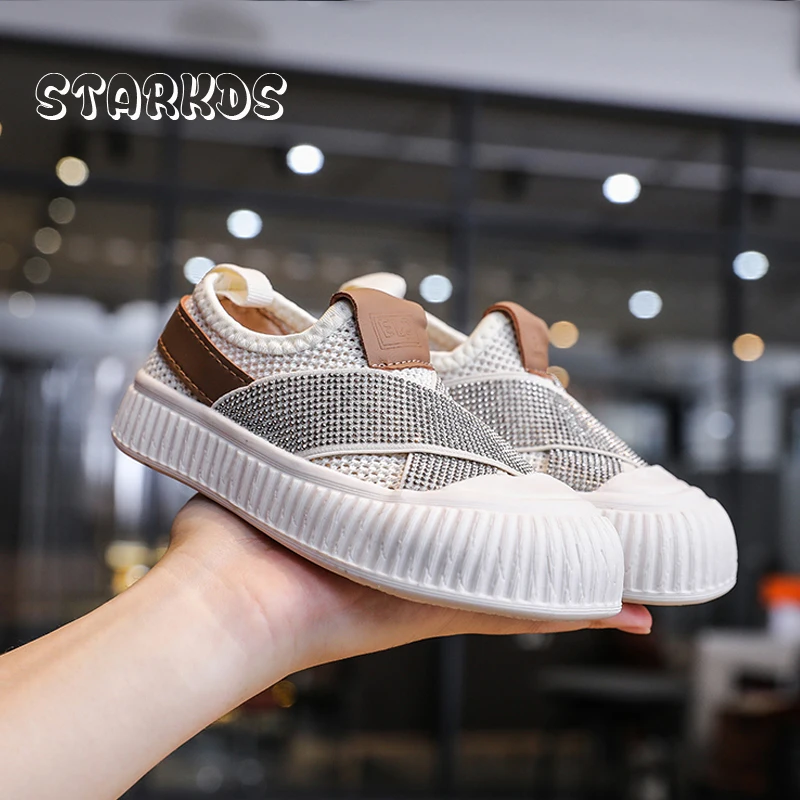 Slip-on Thick Sole Sneakers Kids Luxury Rhinestone Cross Band Mesh Trainers Girls Brand Design Summer  Knitted Sport Shoes