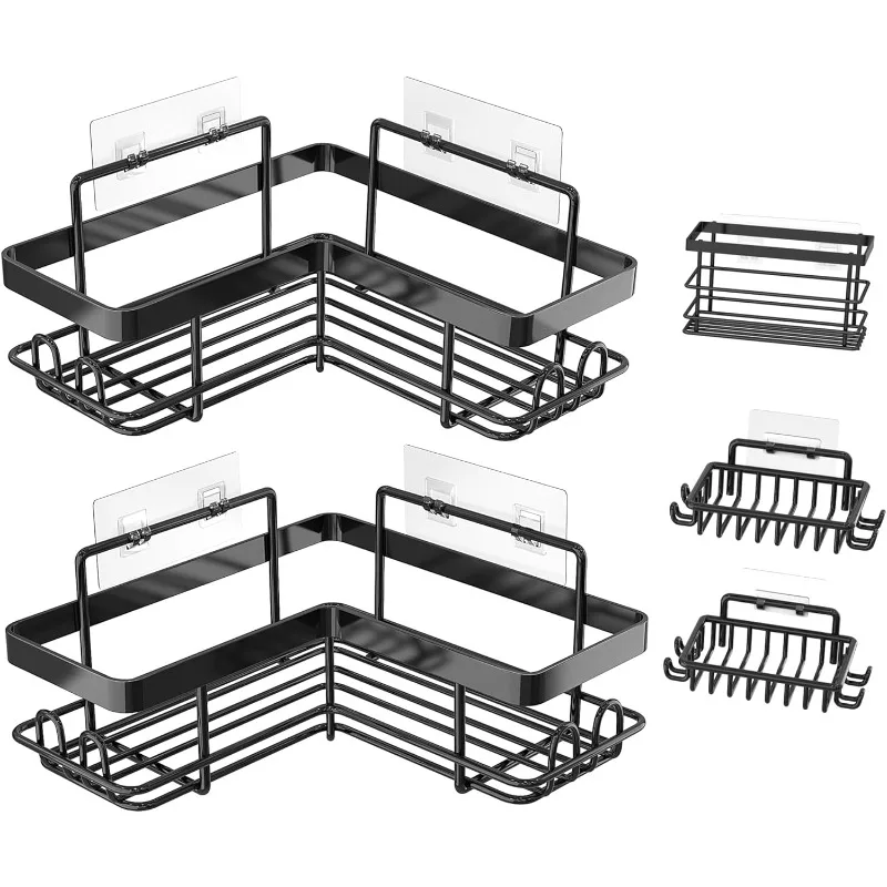 5-Pack Shower Caddy, L-Shaped, 10.2in Diameter, 90-Degree Right Angle, Rustproof, Easy Installation, 12 Hooks, Soap Holder