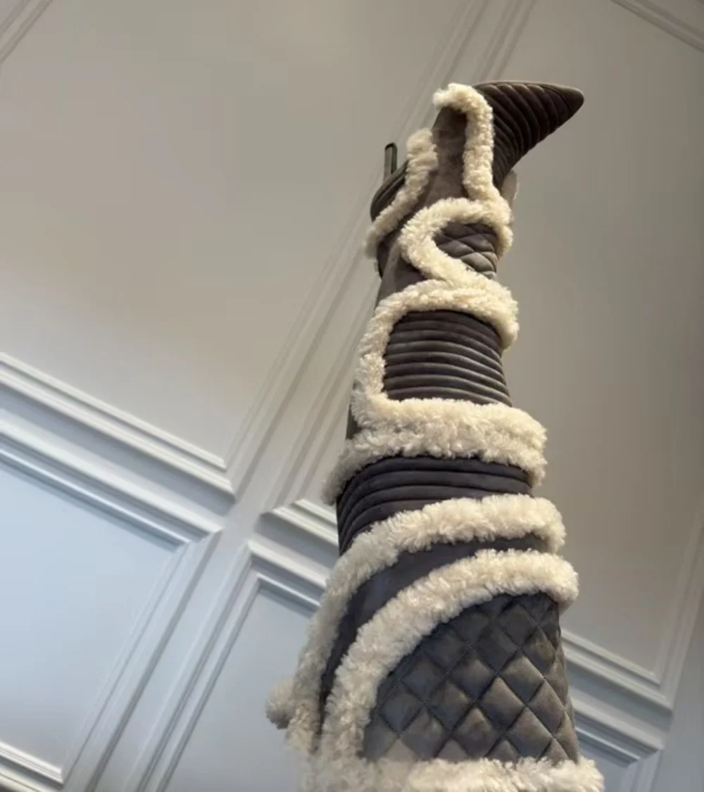 Fashion Warm Tan Suede & Shearling Thigh-High Boots Pointed Toe Stiletto Heel Cozy Glam-Chic Design Winter Style Cold-Weather