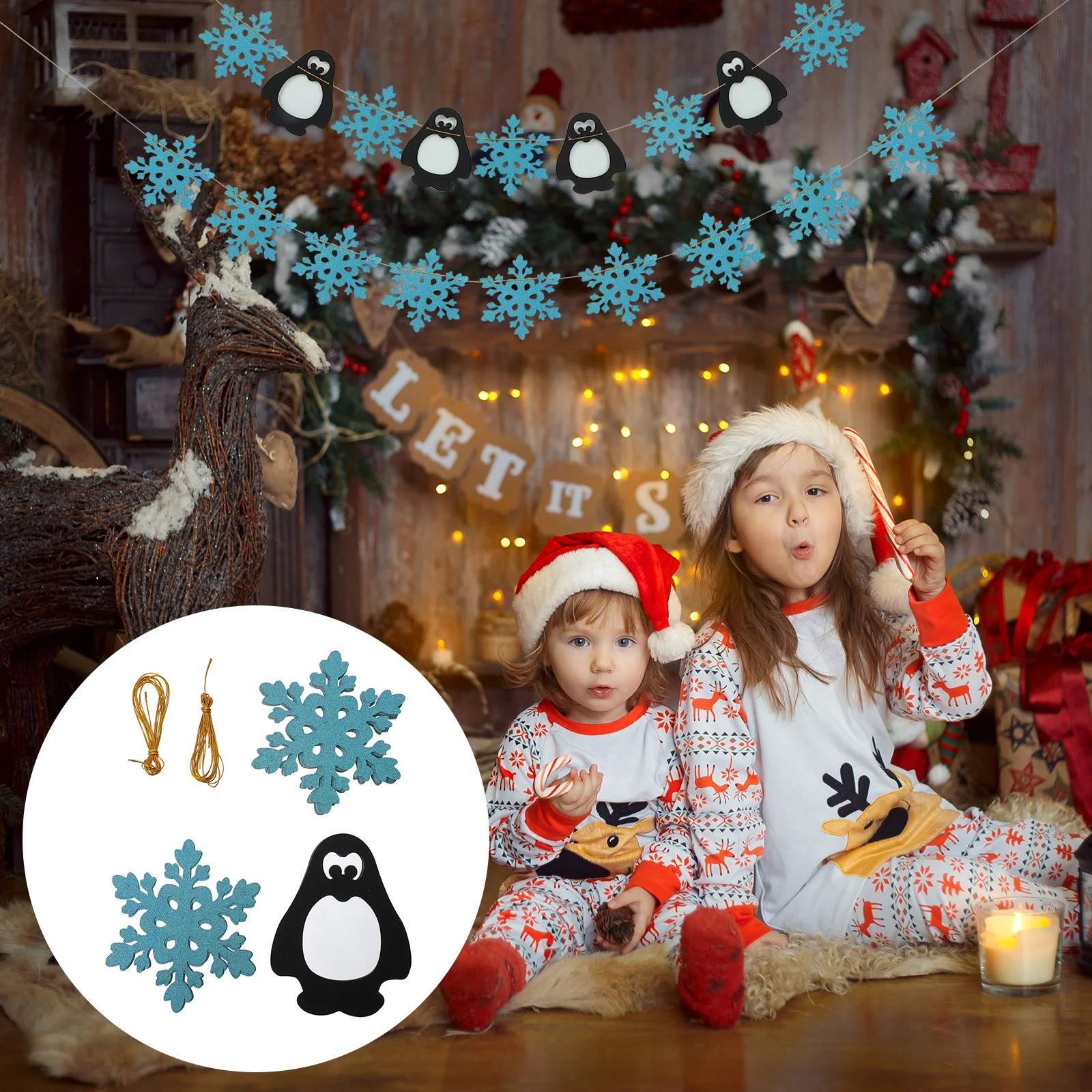

2Pcs Christmas Snowflakes Banner Penguin Snowflake Pattern Decorative String Flag for Party Wall Hanging Adornment