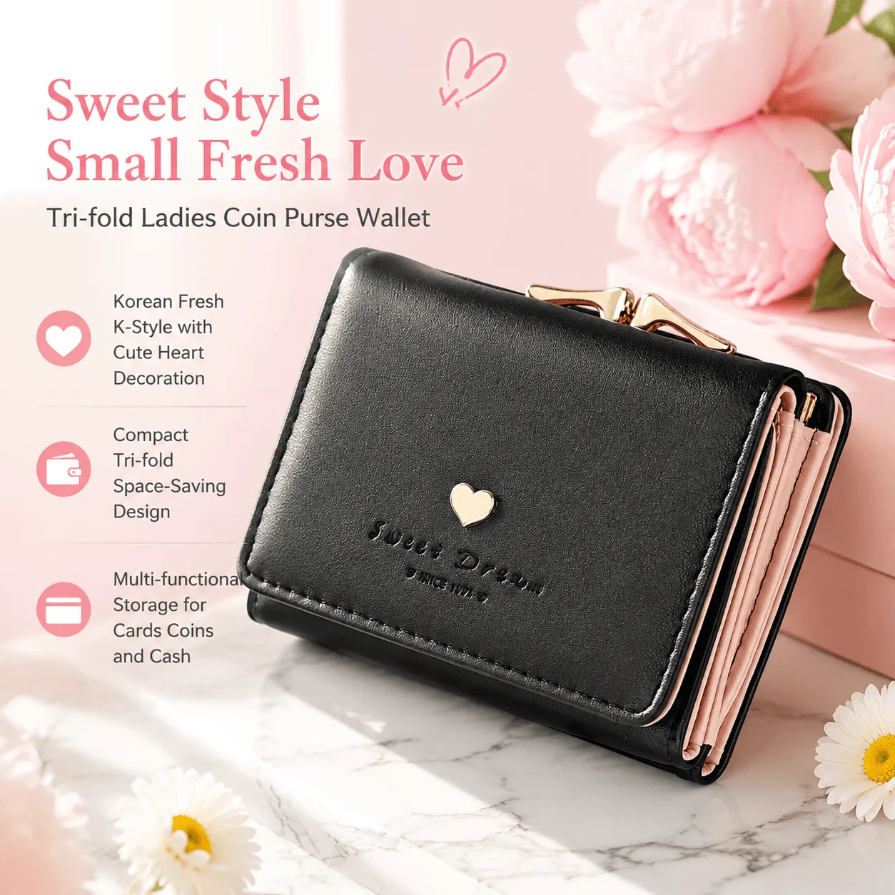 Korean Wallet Women Trifold Purse PU Leather Heart Decor Cute Card Holder Mini Coin Purse Fresh Style Compact Clutch