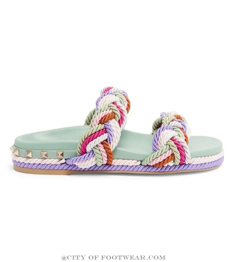 5mm Rockstud Woven Two-Band Sandals Braided Rope Leather Flat Slippers Women Designer Summer Beach Causal Dress Soft Shoes