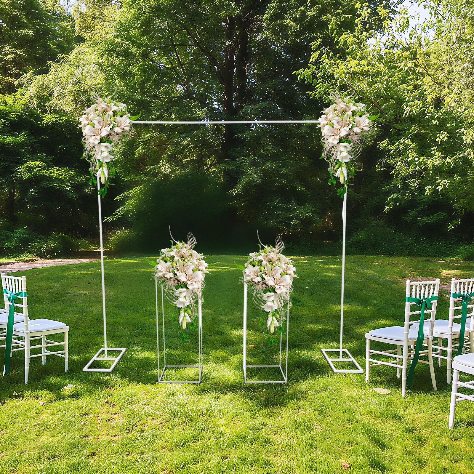 2*2m Weißer Ballonständer mit 2 Blumenständern 27*27*80cm, Hochzeitsbogen-Hintergrundständer Kletterpflanzen-Displayständer