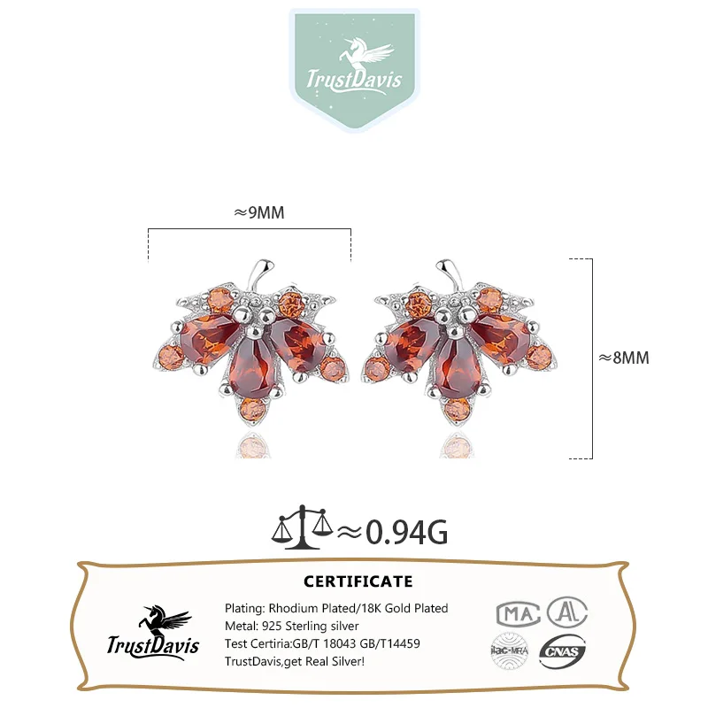 Trustdavis Real 925 Sterling Silver Sweet Maple Leaves Stud Earrings for Women Wedding Birthday Present Jewelry DA3210