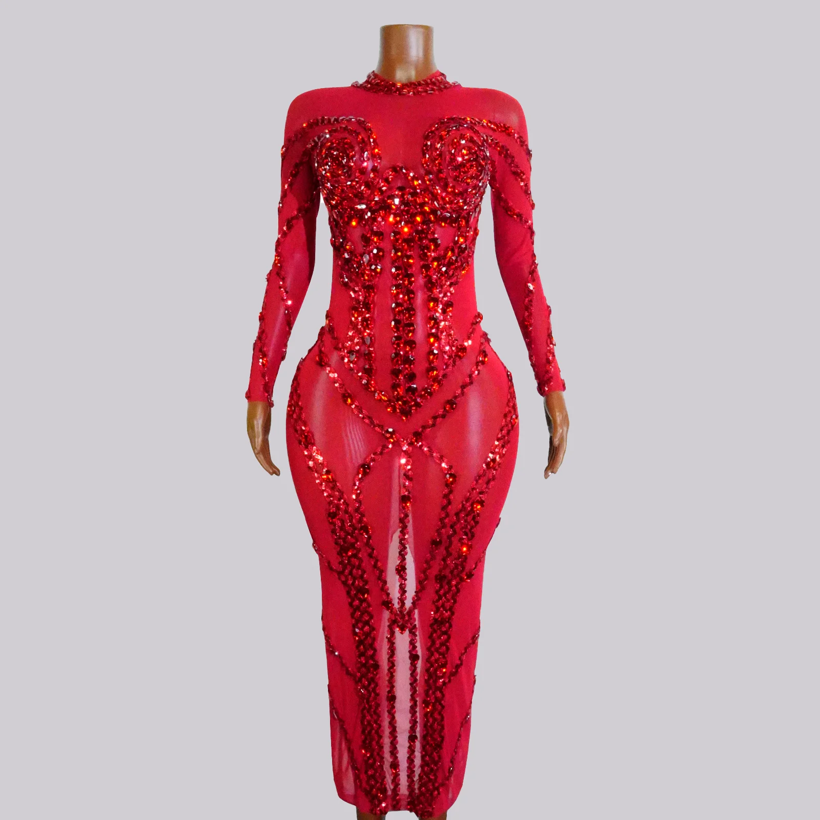 

Women's Event Costume Red Rhinestones Dress Long Sleeve Sequin See-through Look Drag Queen Birthday Outfit NightClub Performance