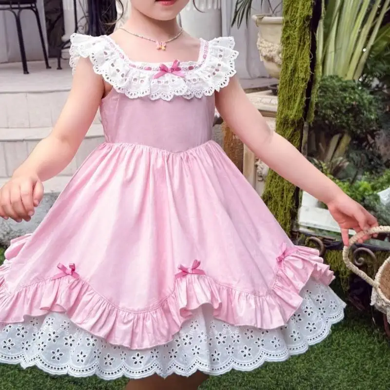 Sweet Toddler Girls Pink Lolita Sundress Hollow Out Lace Bow Ruffle Layer Dress Children Daily Vacation Photography Clothes