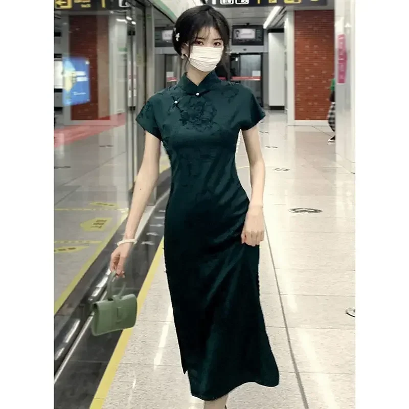 

High Quality Vintage Banquet Dress Women Summer Elegant Ink Satin Green Floral Printed Side Slit Cheongsam Dresses Qipao Modern