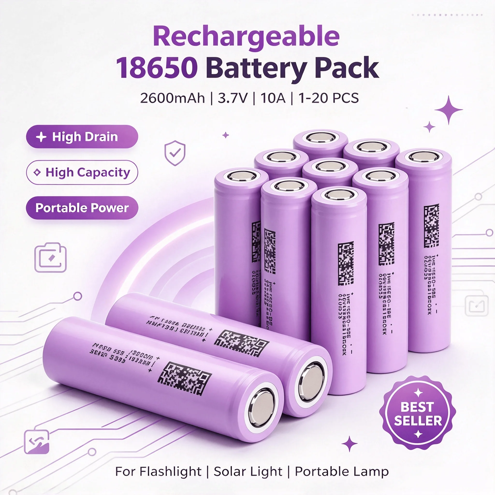 18650 Rechargeable Li-ion Battery 2600mAh 3.7V 2-10PCS 10A High Drain Cell for Flashlight Solar Light Portable Lamp