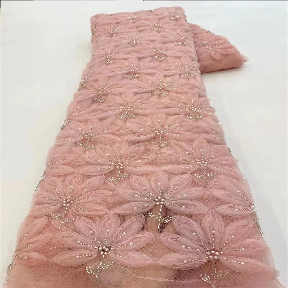 

3D Flower French Tulle Lace Fabric 2023 High Quality Beaded Embroidered African Net Laces Nigerian Fabrics With Sequins x-0310