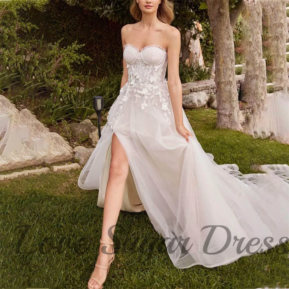 

A Line Lace Wedding Dress Elegant Sweetheart High Slit Bridal Gowns Long Pleated Bride Dresses For Wedding vestido de novia