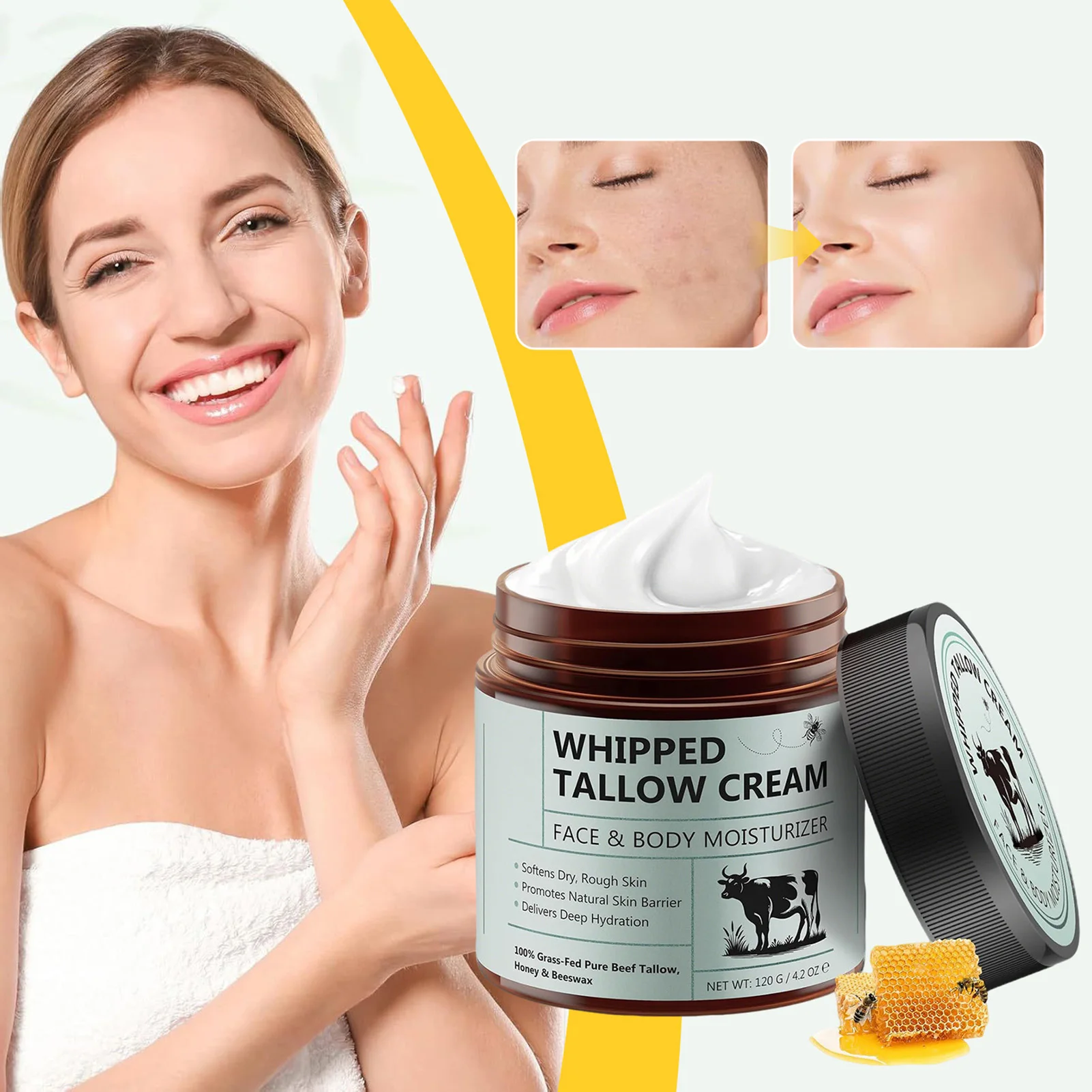 120 جرام مرطب للوجه من الشحم العضوي من العشب العضوي المخفوق من لحم البقر الشحم مع شمع العسل والعسل مرطب عميق لجسم الوجه