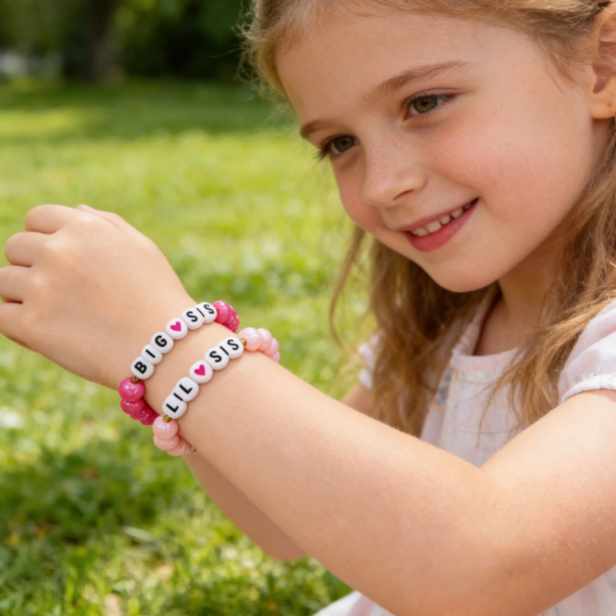 Juego de 2 Pulseras con Cuentas "BIG SIS LIL SIS", Pulseras con Letras y Corazón Rosa para Hermanas y Amigas, Regalo de Joyería a Juego