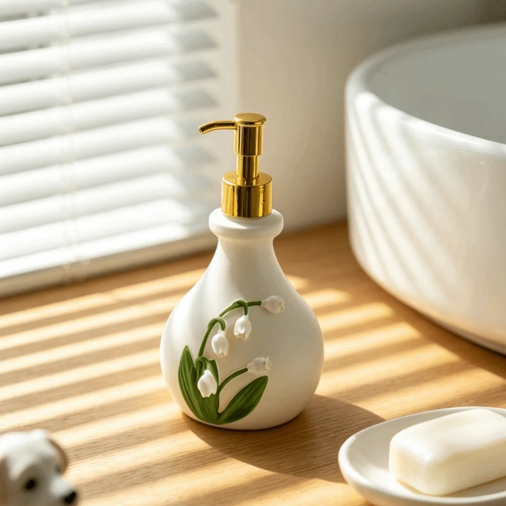 French 3D Floral Resin Soap Dispenser Vintage Freestanding Bellflower of the Valley Embossed Bottle Decor Elegant
