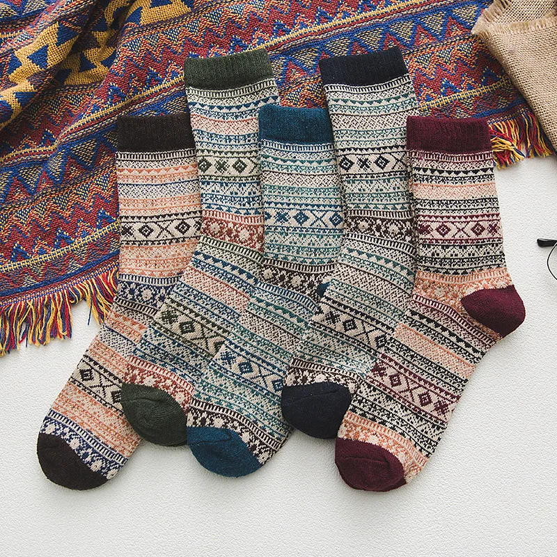 5 Pairs New Autumn and Winter Double Men Mid-tube Casual Socks Ethnic Style Thickened Warm Socks