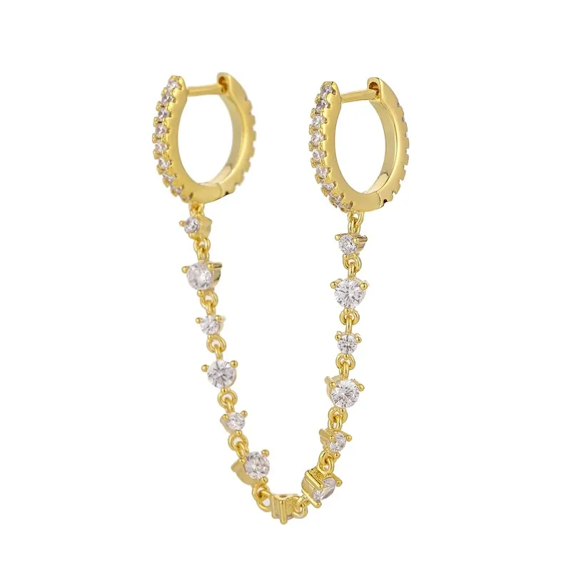 ENSHIR 1PC Colorful Zircon Hoop Earrings for Women Men Double Ear Hole Tassel Chain Hoop Earrings Jewelry Wholesale