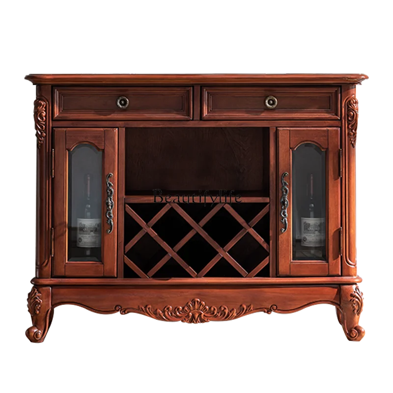

American wine cabinet solid wood dining side cabinet tea retro carved cupboard