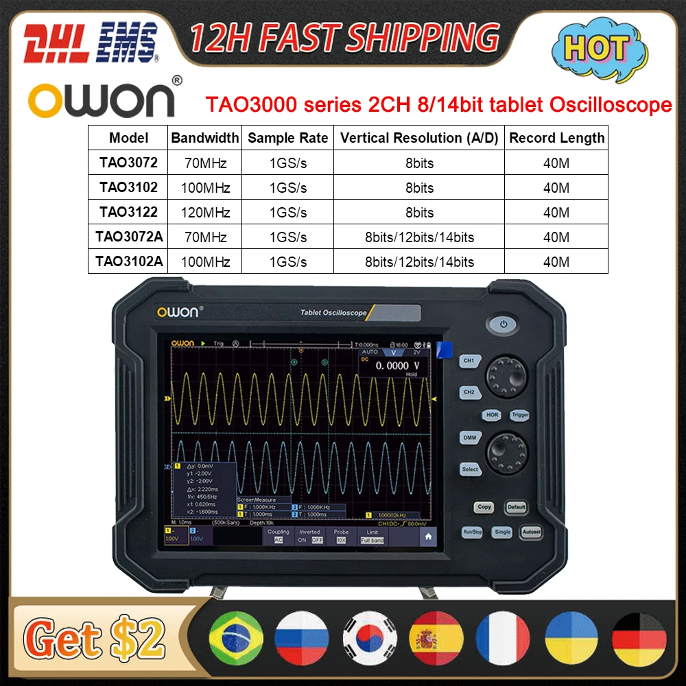 OWON Portable Tablet Oscilloscope 2CH 1GS/s 8 bits TAO3072 TAO3122 14-bits TAO3102A TouchScreen 70/100/120Mhz Digital Multimeter