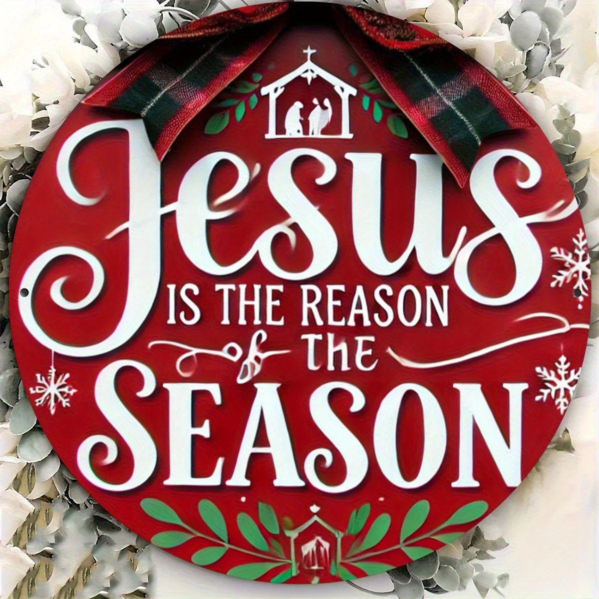 لافتة عيد الميلاد الخشبية المستديرة الاحتفالية ثنائية الأبعاد - تصميم " يسوع هو سبب هذا الموسم" مع رقاقات الثلج وهولي، مناسب
